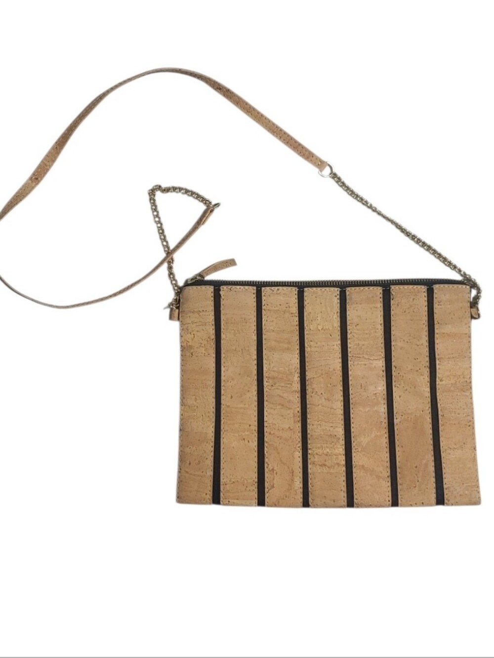 Pelcor Portugal Natural Cork Black Striped Crossbody Bag Gold Chain Eco Luxury
